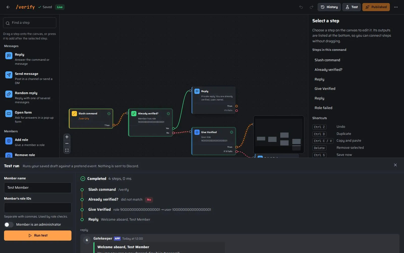 Channelcraft screenshot: a command with buttons and conditions