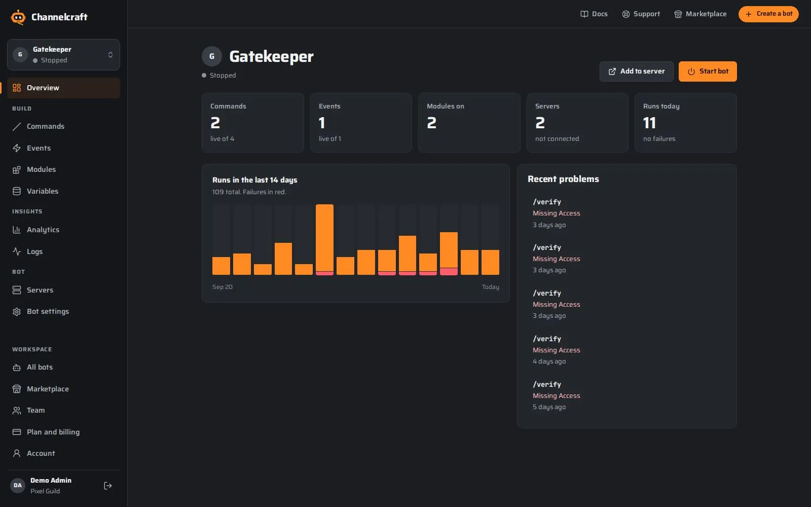 Channelcraft screenshot: hosting that keeps your bot online
