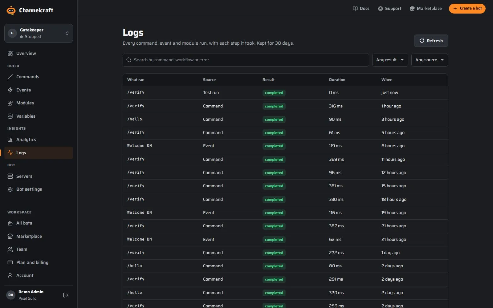 Channelcraft screenshot: logs that say what went wrong