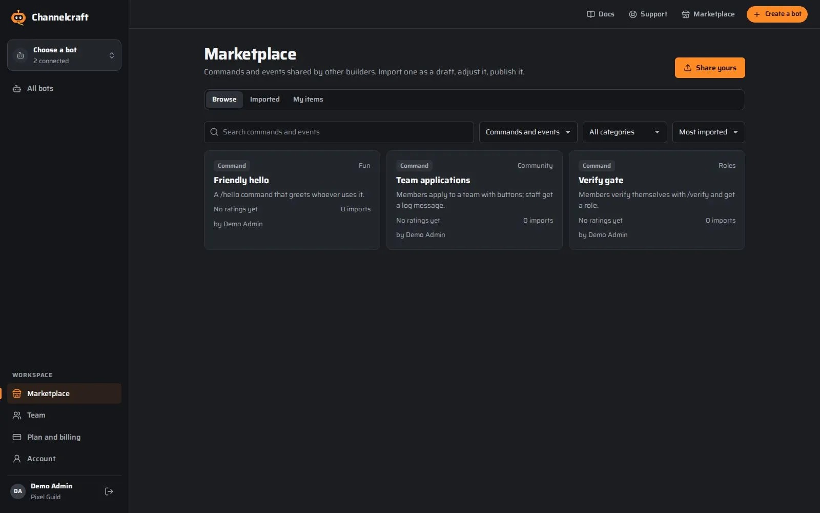 Channelcraft screenshot: a marketplace of ready-made commands