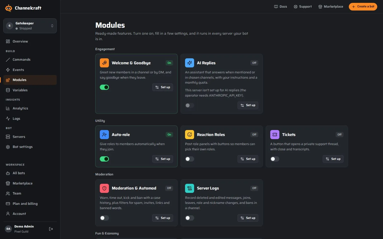 Channelcraft screenshot: modules for the everyday jobs